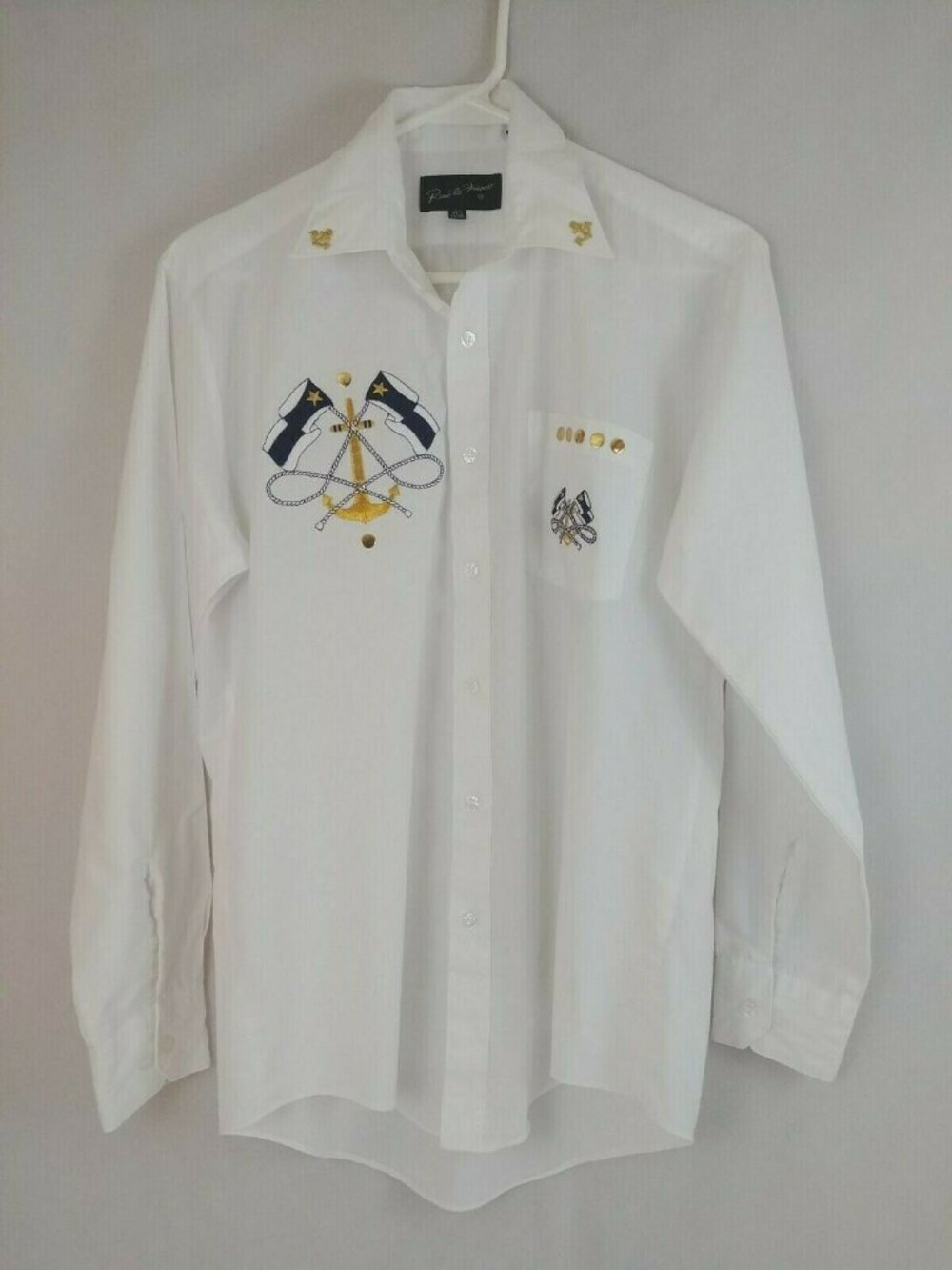 Vintage 1980s Rene de France White Shirt With Flags & Anchors Size 32/33 14 1/2